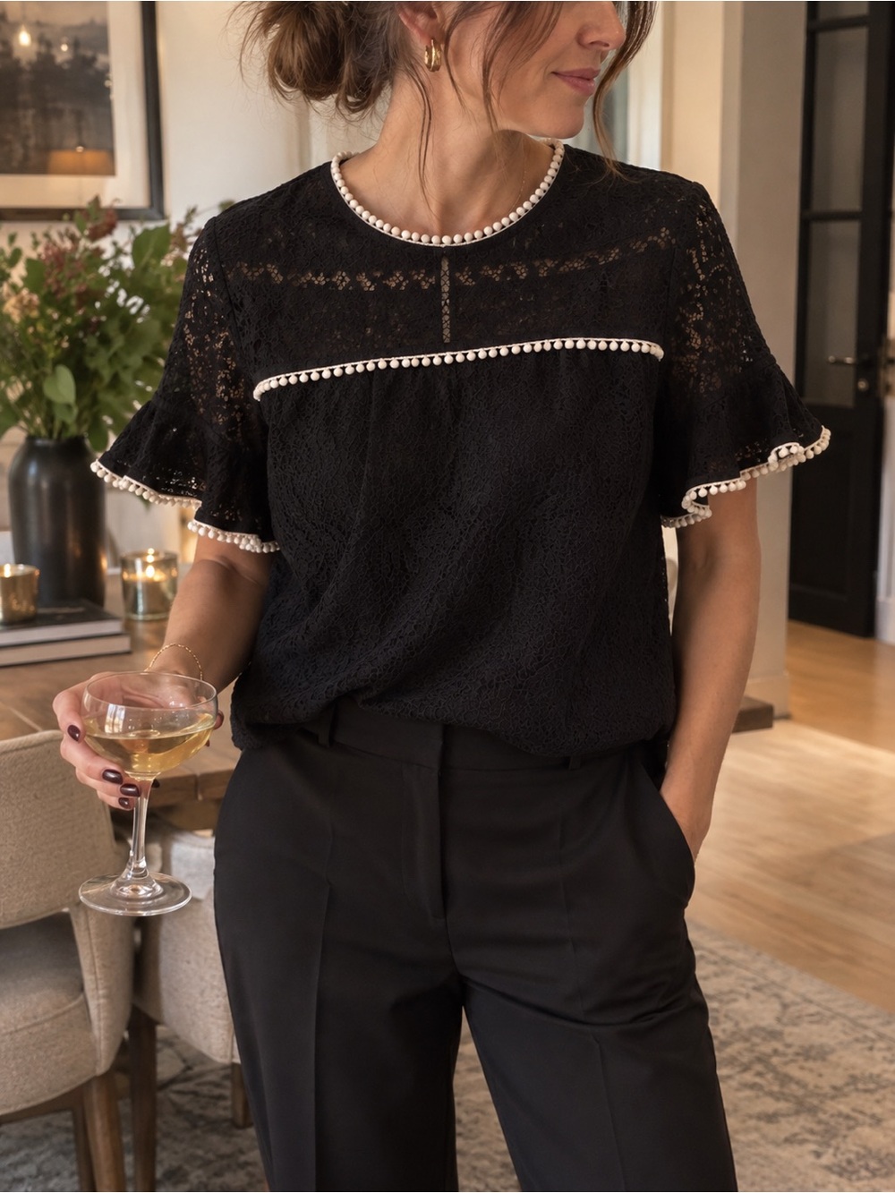 Karl Lagerfeld Black Lace Pearl-Trim Cap Sleeve Blouse, Size M